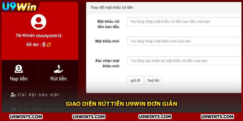 Giao diện rút tiền U9WIN đơn giản